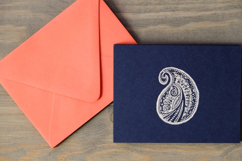 Thank you card set, Block printed cards, Boho chic cards, Indian paisley, Navy blue notecards, Coral or kraft envelopes, Set of 6 image 3