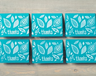 Thank you cards set, Block print, Thank you notes, Teal notecards, Torquoise thank yous, Printed by hand, Set of 6