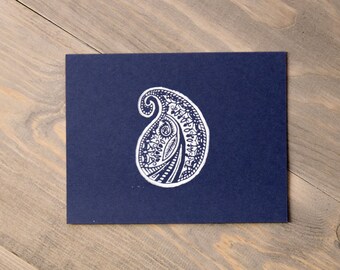 Thank you card set, Block printed cards, Boho chic cards, Indian paisley, Navy blue notecards, Coral or kraft envelopes, Set of 6