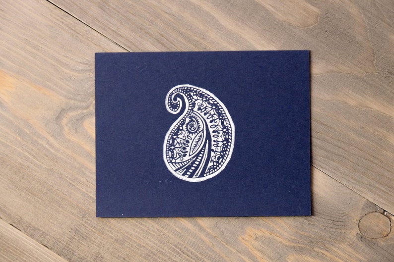 Thank you card set, Block printed cards, Boho chic cards, Indian paisley, Navy blue notecards, Coral or kraft envelopes, Set of 6 image 1