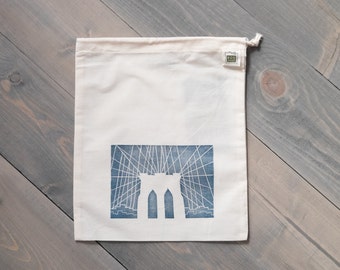 Reusable produce bag, Farmers market bag, Brooklyn Bridge print, Travel organizer, Reusable gift bag, Block print pouch, Organic cotton