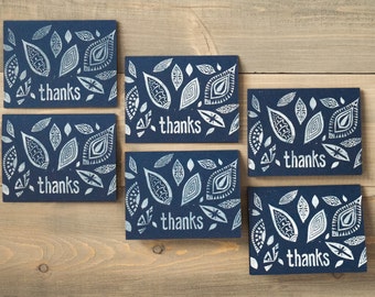 Thank you notes, Block print notecards, Folk art cards, Thank yous, Boho thank you cards, Navy blue notecards, Set of 6