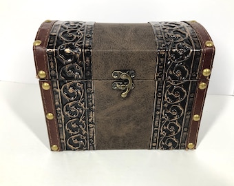 Vintage Wooden Treasure Chest Trinket Box Storage 8x4 Inches Hinged Lid Rustic Bronze Metal Hardware