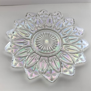 Assiette, verre fédéral, 31,5 pouces motif étoile irisé, époque 1950, excellent état, plat de service 31,5 pouces, bol vintage irisé
