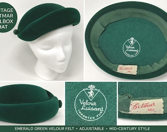 Sombrero tipo pastillero Betmar vintage de terciopelo verde esmeralda / Sombrero de cóctel de fieltro de pelo / Sombrero de iglesia, boda o Derby de los años 50 y 60