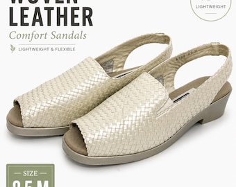 アンドレ・アソウス フェザーウェイト ウーブンレザーサンダル レディース 8.5 クリーム スリングバック コンフォートウェッジシューズ 軽量