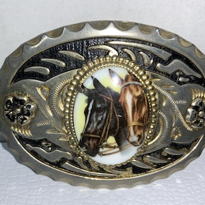 1970s Two Horses Silver and Gold Tone Western Style Cowboy Belt Buckle Unisex