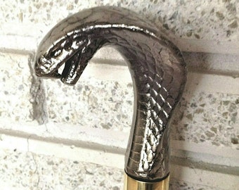 Cane King Cobra Serpent Snake Head Metallic Pharaoh Handled Cane Walking Stick Mystical Steampunk LARPING Renaissance Medieval SCA