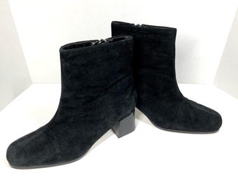 Vintage Black Suede Ankle Boots, Women Block Heel Minimalist Fall Shoes Zip Booties