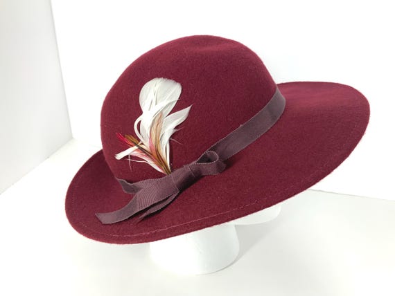 Vintage Burgundy Feathered Wide Brim Wool Hat Wide Brim Red 100% Wool Vintage Hats for Women for sale | eBay main image 3