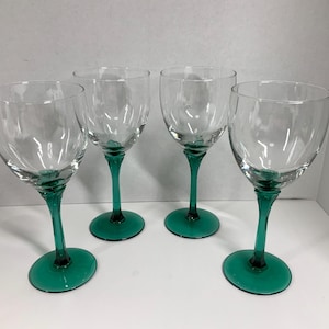 Mid Century Set of 4 Goblets Seafoam Green Stems Clear Bowls Water Wine 8” Tulip Glasses Art Deco by Libby