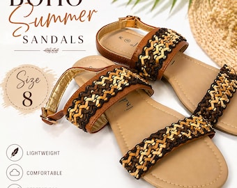 Sandalias Indigo Soul Boho Talla 8 Marrón Beige Trenzado Tira trasera Zapatos planos de verano Correa tejida Casual Cómodas