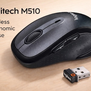 May include: A black and gray Logitech M510 wireless ergonomic mouse with a USB receiver. The mouse has a scroll wheel and two side buttons. The text "Logitech M510 Wireless Ergonomic Mouse" is visible.