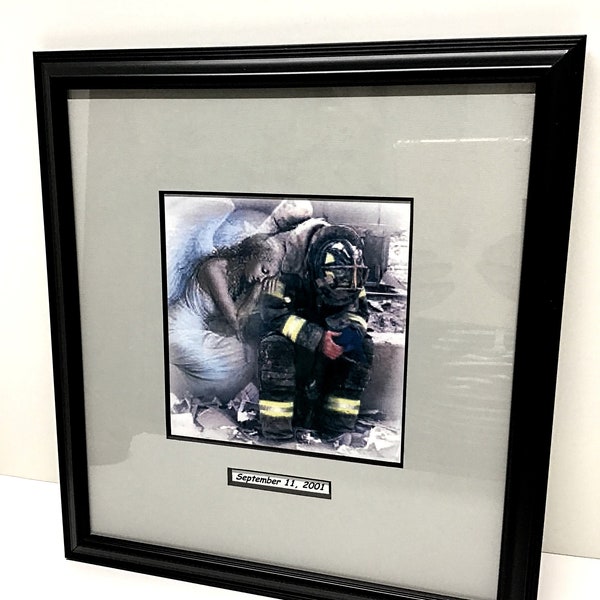 Framed Print Of Grieving, Exhausted, Praying Firefighter With An Angel on 9/11 The Real Heroes, September 11th, Ground Zero, NYFD