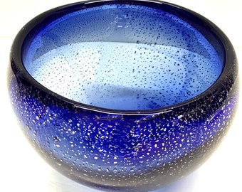 Cobalt Blue Bubble Glass Hand Blown Bowl 3.5” High 4.5” Wide Artisan Bowl MCM Gorgeous Designs China Collectible Vintage Mid-Century Modern