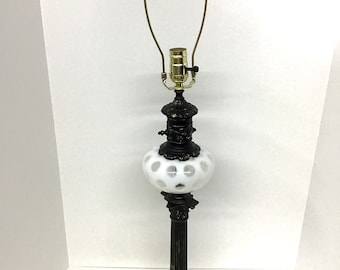 Vintage Fenton Table Lamp, White Coin Dot Art Glass Brass & Marble Base MCM Marble Base Mid century Modern Circa 1950’s