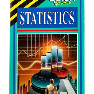 Könnte beinhalten: Ein Cliffs Quick Review Statistics Buch mit türkisfarbenem Einband, schwarzen und gelben Diagonalstreifen oben und einer grafischen Darstellung einer Person, die auf 3D-Balkendiagramme, ein Tortendiagramm und einen Rasterhintergrund blickt.