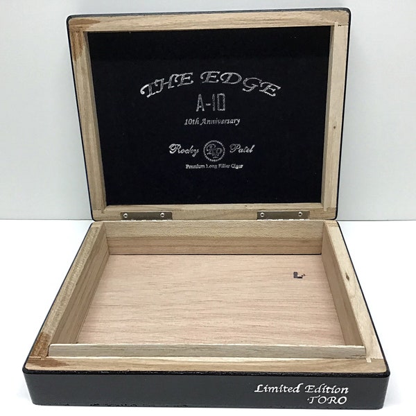 Rocky Patel The Edge A-10 TORO Black Wood Cigar Box w/ Routered Inlay Collectible Humidor, Hinged Flip Top, Dominican Republic