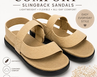 Damen Größe 8.5 Komfort Slingback Sandalen Tan Beige Leichte Stretch Strap Lässige Minimalistische Sommerschuhe