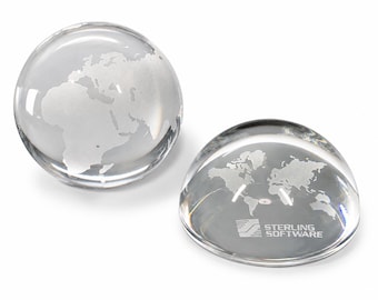 Vintage Optical Crystal World Globe Paperweights Set of 2, Executive Desk Decor, Etched Crystal Globe, Sterling Software, Office Gift