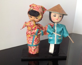 1950s Chinese Asian Man Woman holding Baby Handmade Dolls Rice Farmer Coolie Hat Oriental Collectible