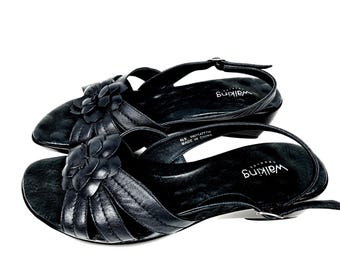 Walking Cradles Sandals Womens Leather Slingback Comfort Shoes Black Floral Wedge