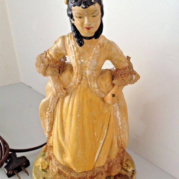 Gone With The Wind Southern Belle Lamp Boudoir Table Folk Art c 1900 Hand Painted Chalkware Plaster