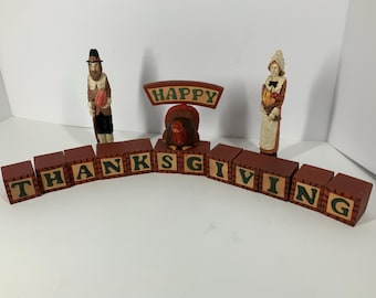 Midwest Importers Wood Blocks Thanksgiving, Turkey, Pilgrims, Shelf Sitters