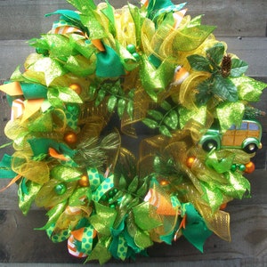 Gold Green Orange Christmas Mesh Front Door Wreath