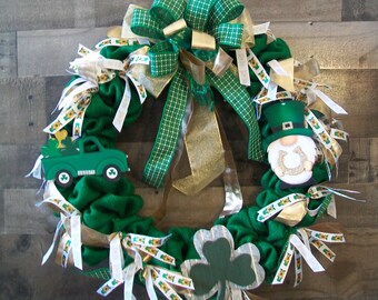 Green & Gold Saint Patrick's Day Burlap Truck Gnome Front Door Wreath
