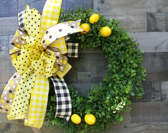 Spring Yellow Black Buffalo Plaid Boxwood Lemons Front Door Wreath with Large Bow