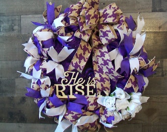 He is Risen Purple & White Easter Mesh Front Door Wreath