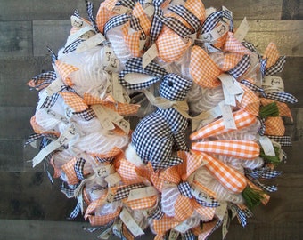 Orange & White Easter Wreath with Buffalo Check Bunny Rabbit