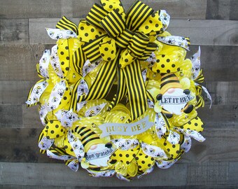 Spring Summer Handmade Yellow and Black Bumblebee Mesh Front Door Wreath