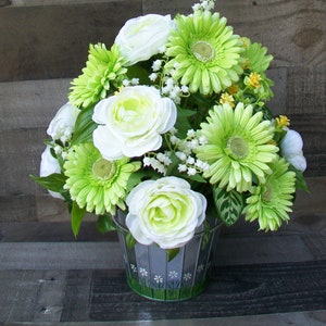 Spring Country Lime Green White Floral Arrangement Centerpiece in Silver Tin Vase