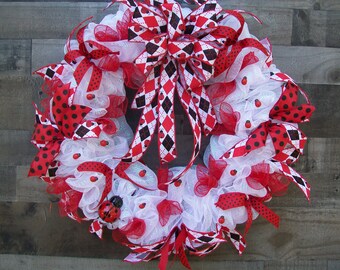 Spring Ladybug Red Black White Mesh Wreath with Large Bow