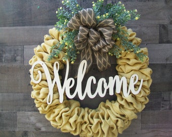 Welcome Country Farmhouse Yellow Burlap Round Front Door Wreath