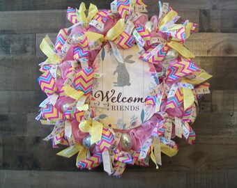 Welcome Friends Pink and Yellow Easter Egg Mesh Wreath
