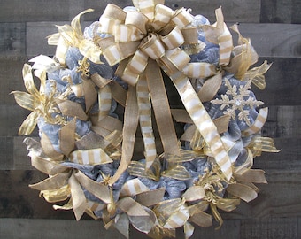 Large Silver & Gold Christmas Mesh Front Door Mantle Wreath