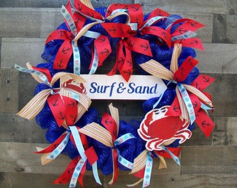 Red & Blue Nautical Beach Themed Mesh Spring Summer Front Door Wreath