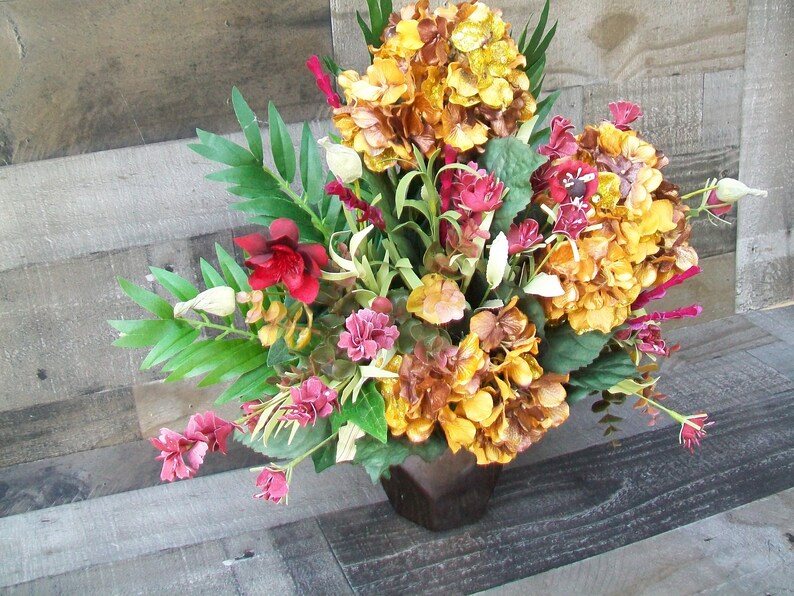 Gold Burgundy Hydrangea Silk Floral Arrangement Centerpiece in Brown