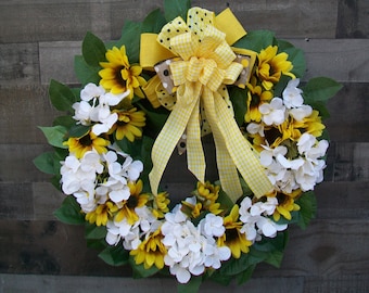 Yellow & Cream Spring Summer Grapevine Wreath with Sunflowers and Hydrangeas