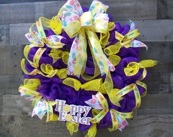Happy Easter Purple Yellow Pink Mesh Wreath with Bow