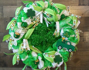Large Green & White Saint Patrick's Day Glittered Shamrock Mesh Wreath
