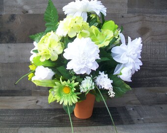 White & Green Cemetery Floral Arrangement in Clay Pot for Gravesite