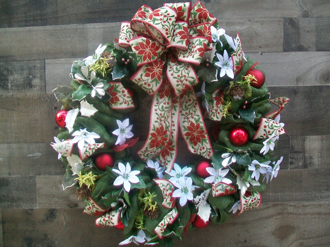 Christmas Olive Red White Poinsettia Mesh Wreath - Etsy
