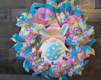 Colorful Welcome Easter Gnome Mesh Front Door Wreath