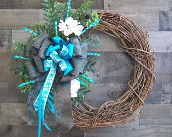 Turquoise Brown Grapevine Front Door All Occasion Wreath