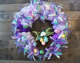 Purple & Lavender Easter Egg Mesh Wreath with Basket