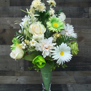 Spring Green White Beige Cemetery Cone Floral Arrangement for Gravesite